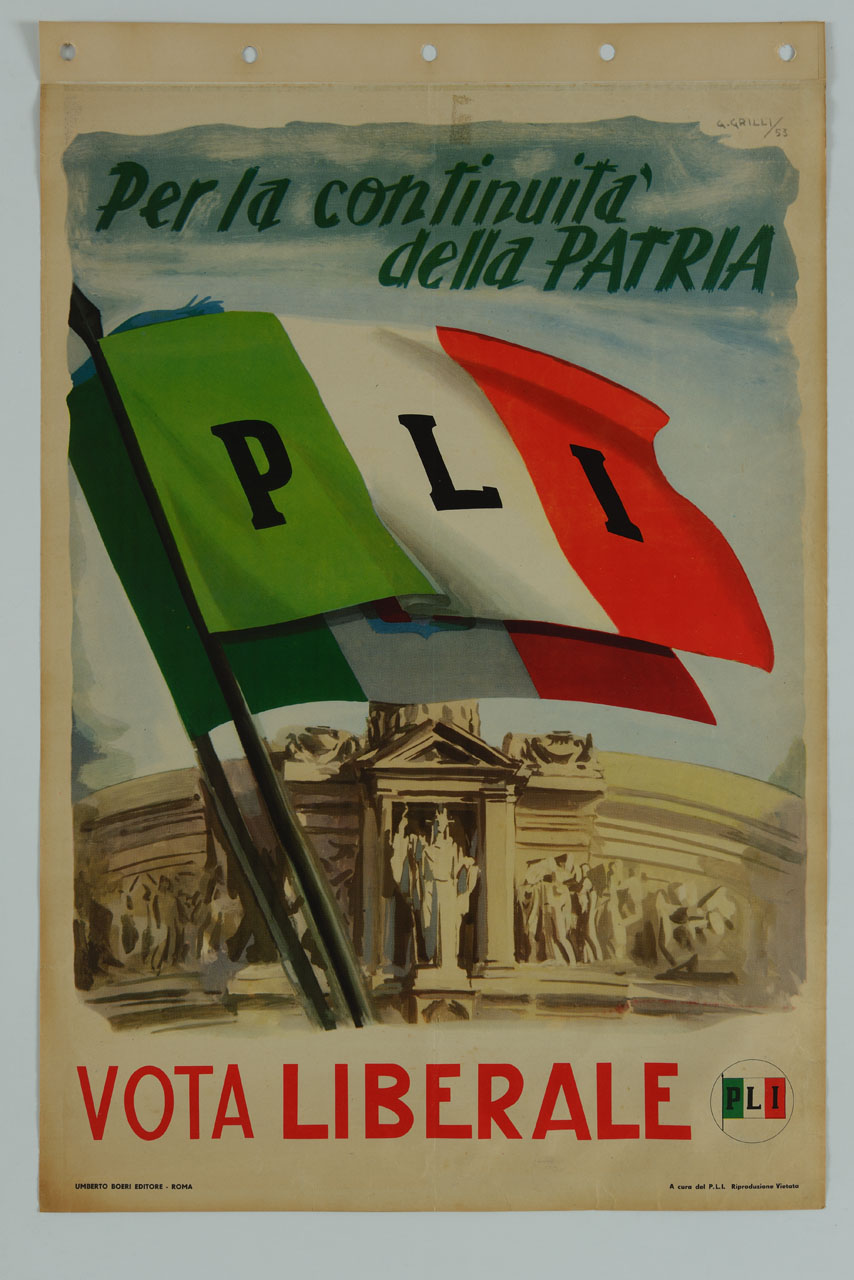 bandiere italiana e del Partito Liberale Italiano sventolano davanti all'Altare della Patria (manifesto) di Grilli Guido (sec. XX)