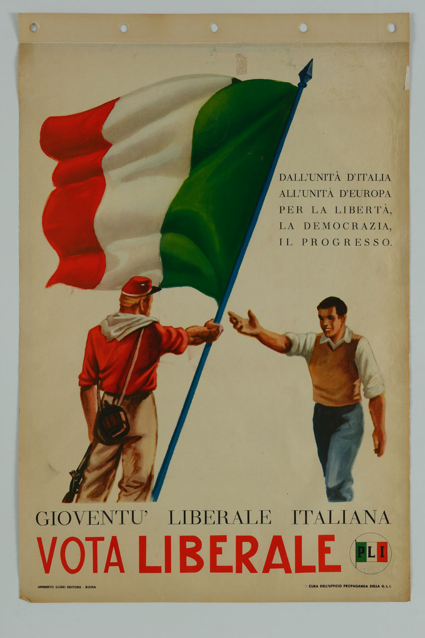 soldato garibaldino porge la bandiera italiana a un giovane (manifesto) - ambito italiano (sec. XX)
