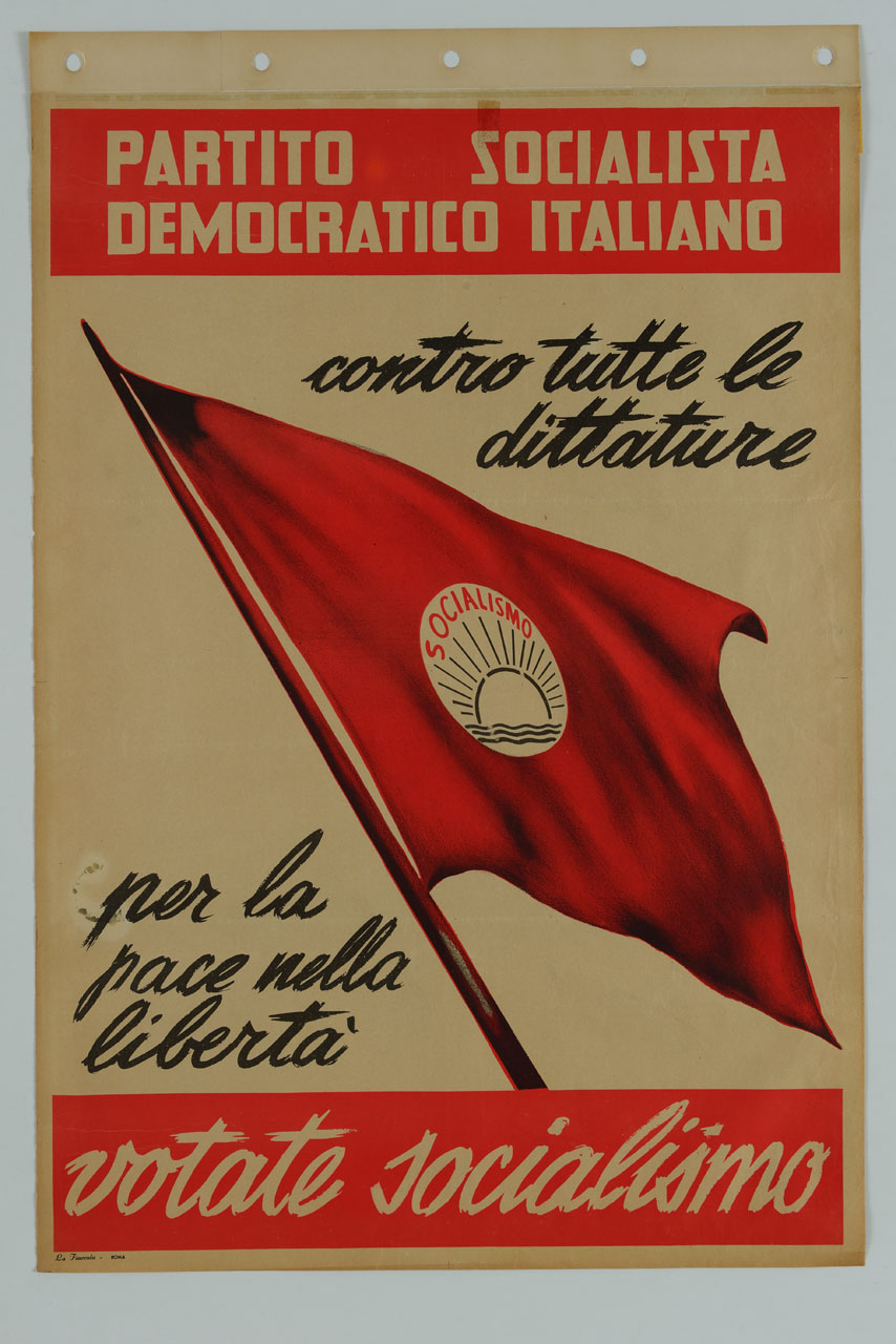 bandiera con il simbolo del Partito Socialista Democratico Italiano (manifesto) - ambito italiano (sec. XX)
