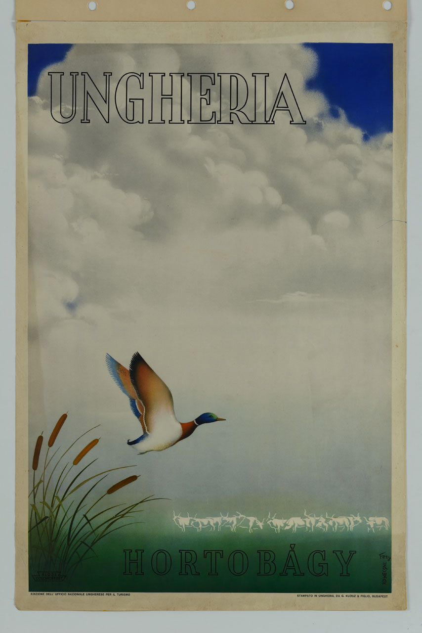 anatra in volo con piante palustri e mandria di bovini sullo sfondo del cielo nuvoloso (manifesto) di Konecsni György (metà sec. XX)
