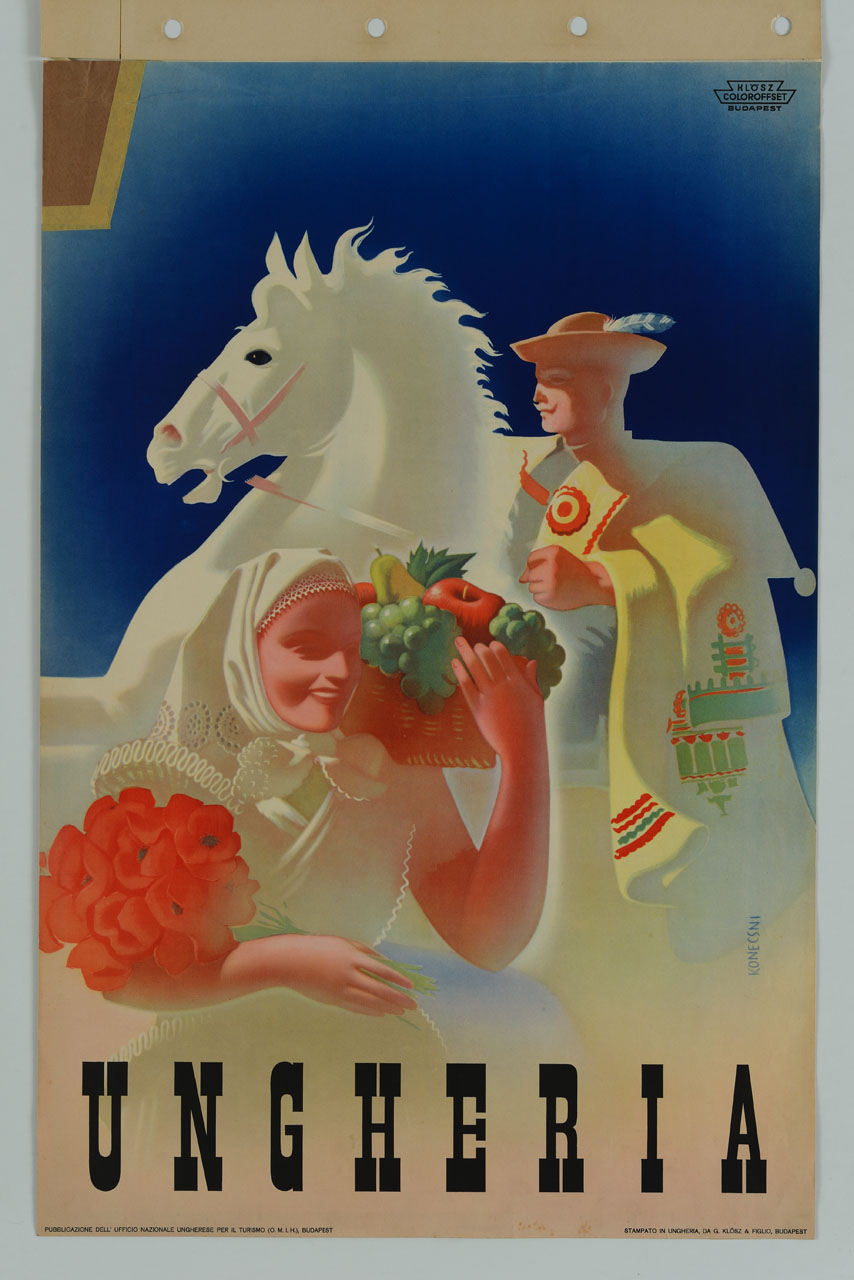 donna in costume ungherese con fiori e frutta e uomo a cavallo (manifesto) di Konecsni György (metà sec. XX)