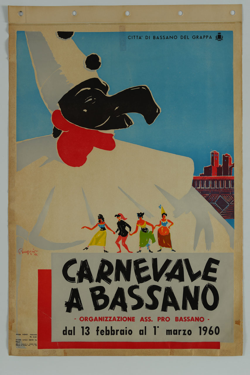 Pulcinella e maschere danzanti sullo sfondo del ponte di Bassano del Grappa (manifesto) di Breggion Bruno (sec. XX)
