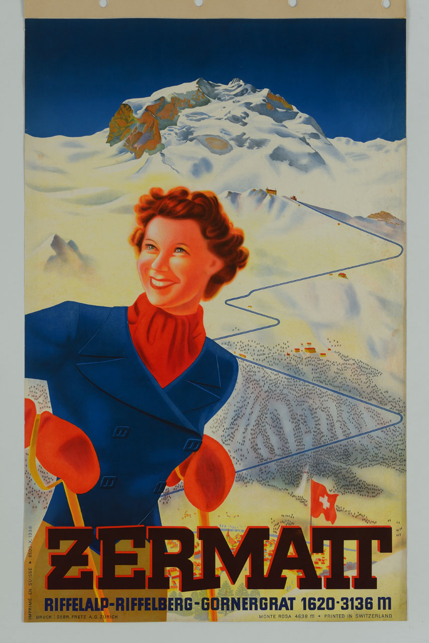 figura femminile su una pista da sci (manifesto) - ambito svizzero (sec. XX)