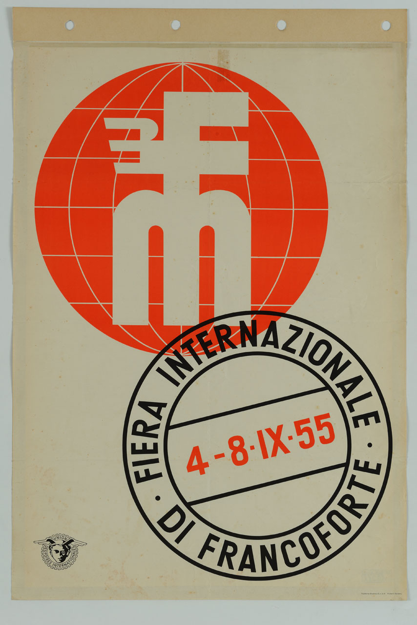 logo della Fiera Internazionale di Francoforte su globo terrestre e timbro (manifesto) - ambito tedesco (sec. XX)