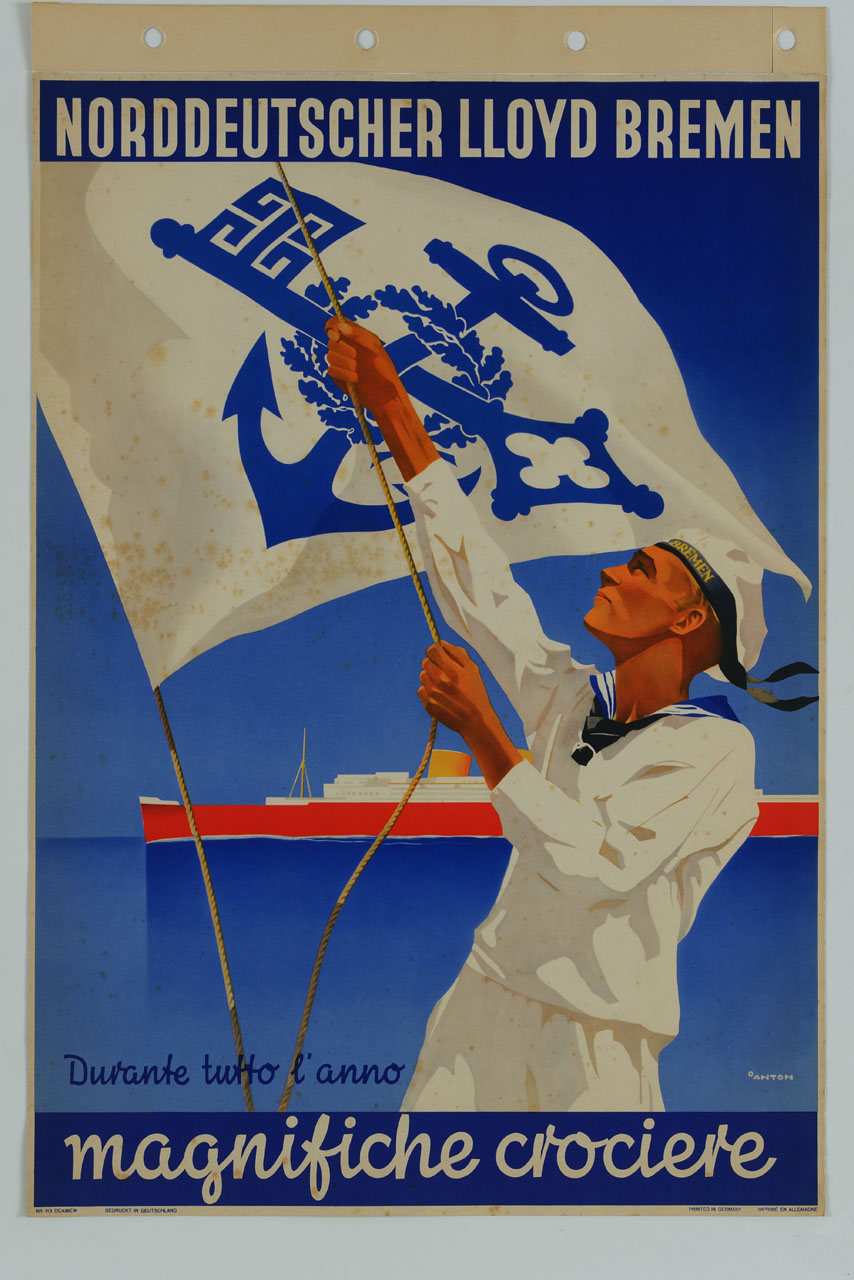 marinaio alza la bandiera della Norddeutscher Lloyd Bremen (manifesto) di Ottomar Anton (sec. XX)