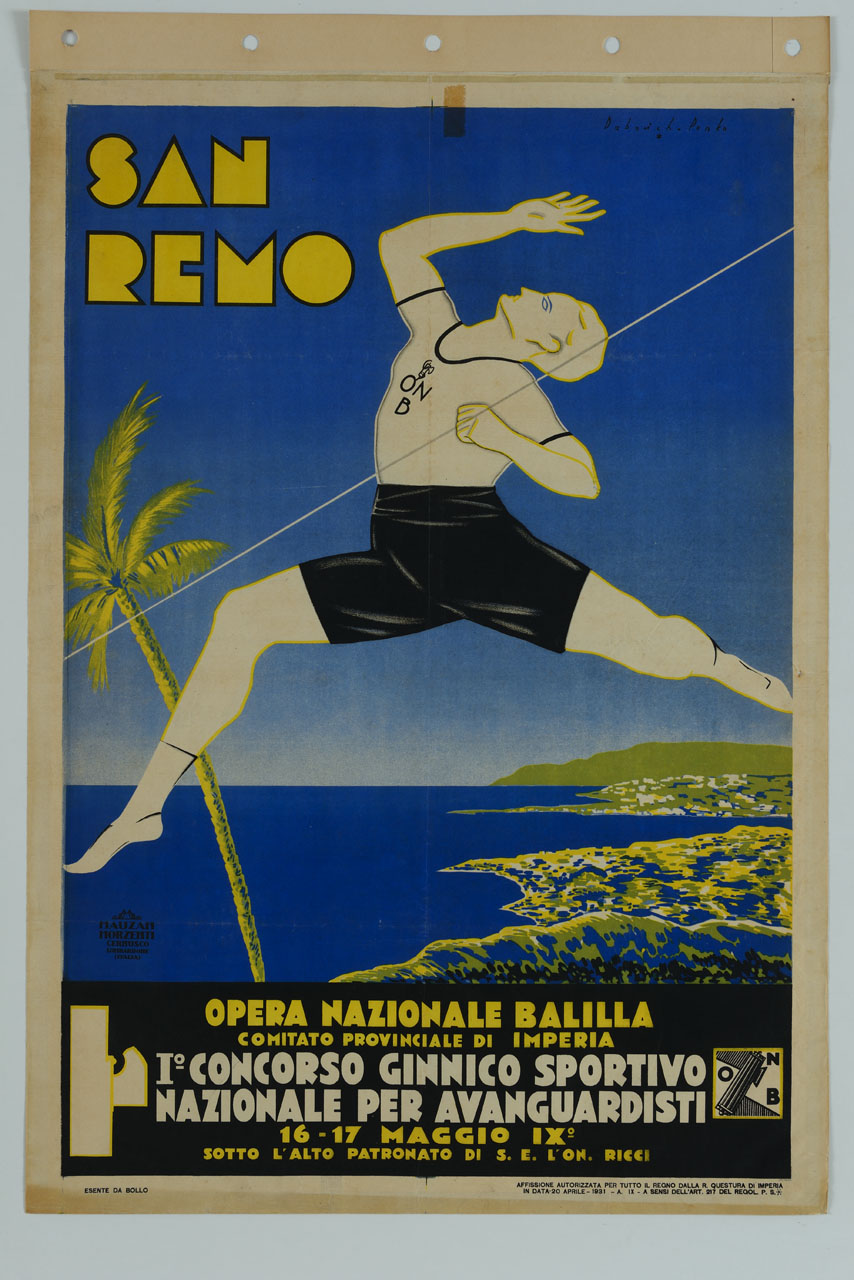 paesaggio marino con figura di sportivo (manifesto) di Dabovich Giorgio, Penko Piero (sec. XX)