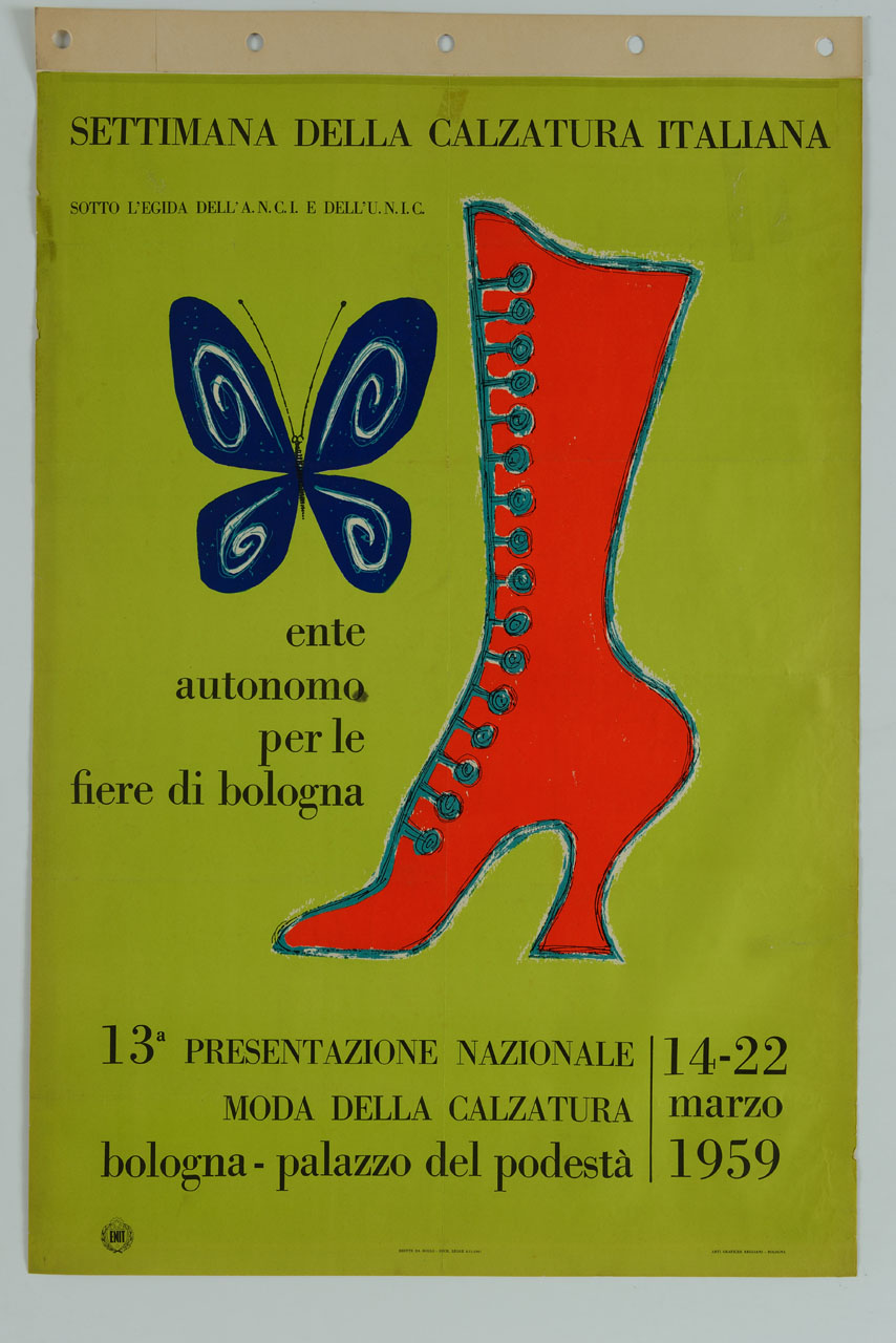 stivale rosso e farfalla blu (manifesto) - ambito italiano (sec. XX)