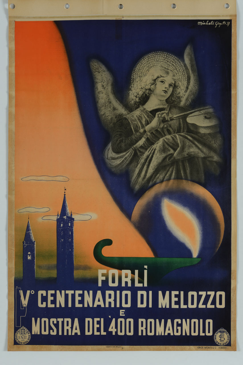 angelo con viola di Melozzo da Forlì, lampada ad olio e campanili di Forlì (manifesto) di Gigotti Lorenzo (sec. XX)