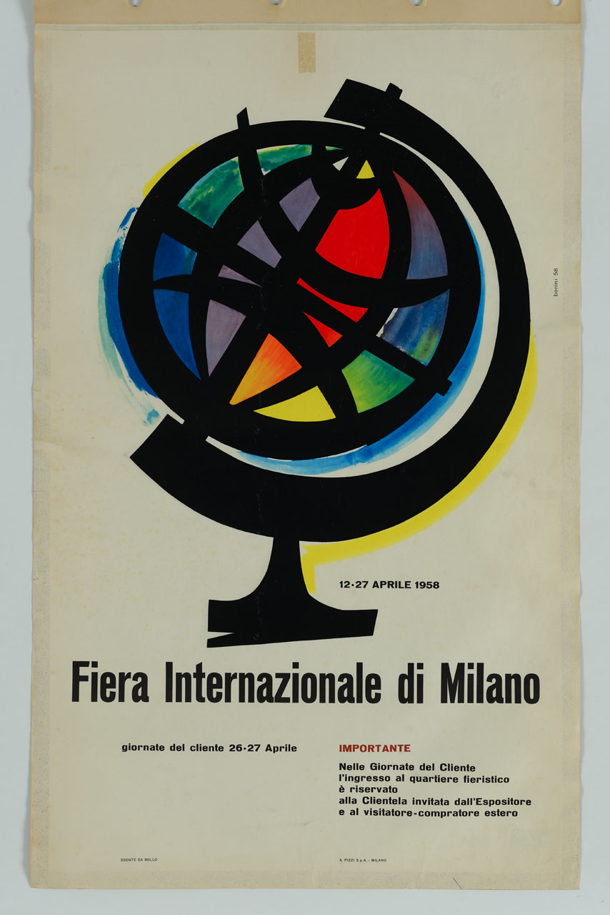 mappamondo multicolore a globo (manifesto) di Bonini Ezio (sec. XX)