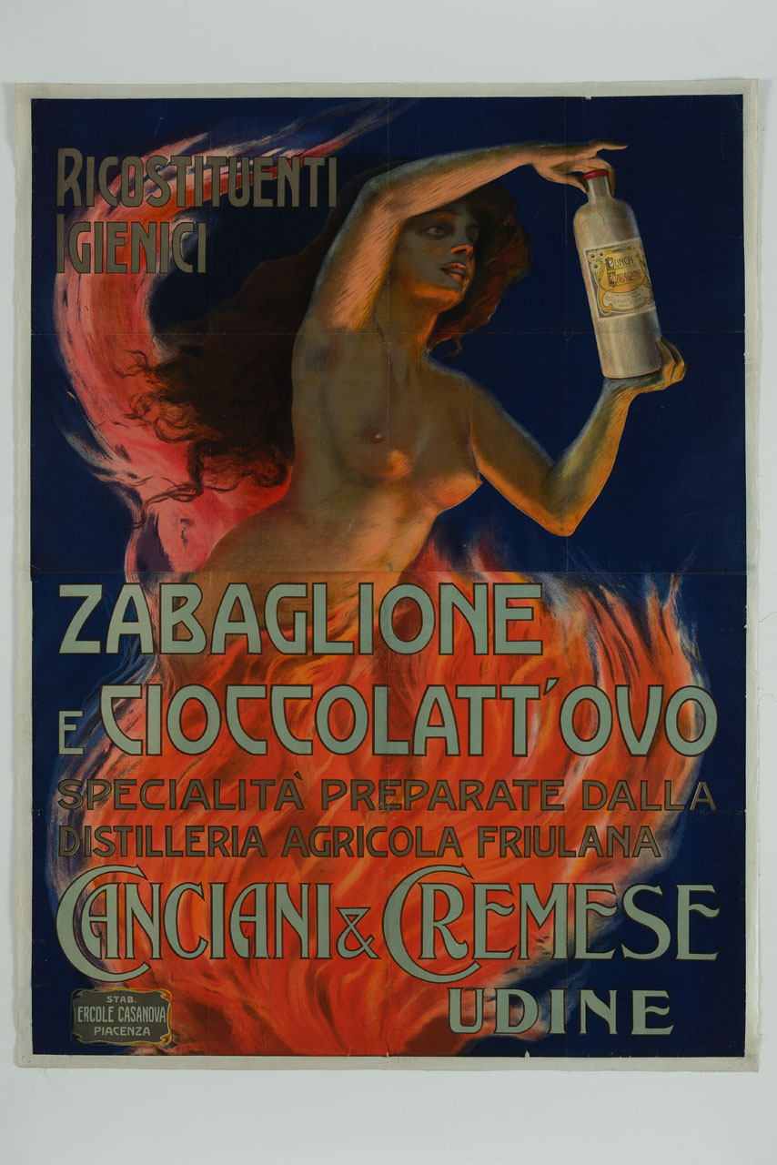 donna sorge dalle fiamme con una bottiglia di liquore (manifesto, stampa composita) - ambito italiano (sec. XX)