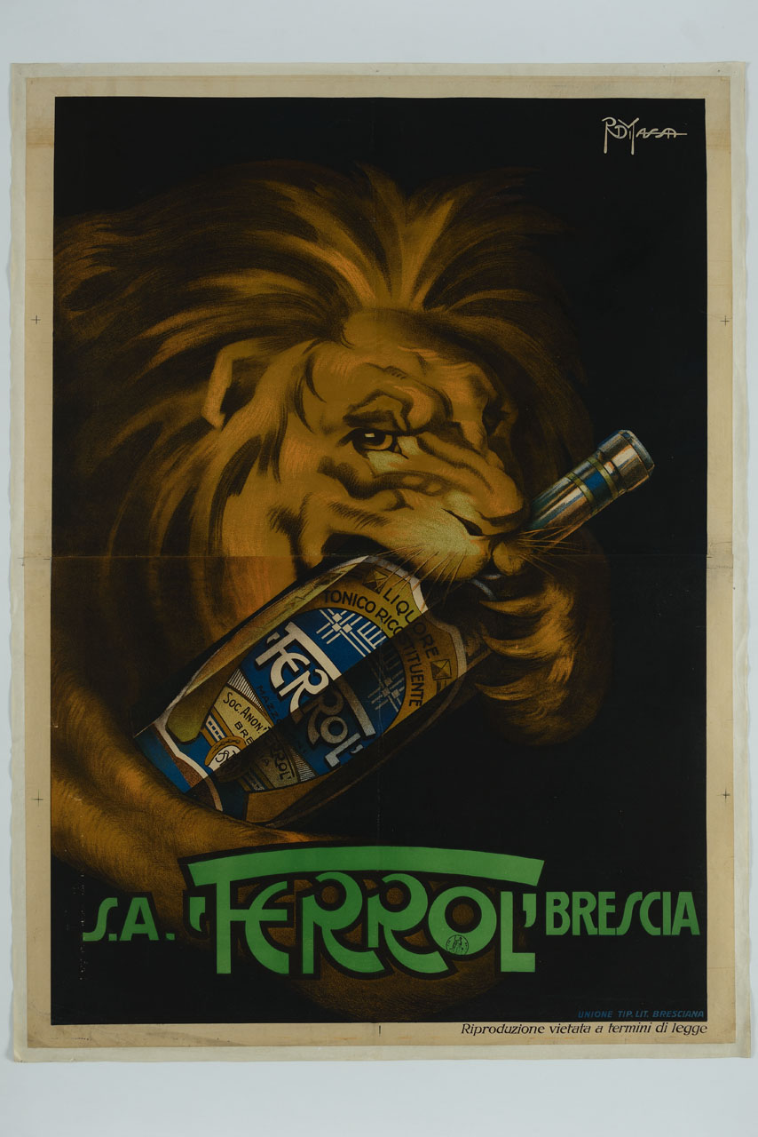 leone tiene tra i denti una bottiglia di liquore ricostituente (manifesto, stampa composita) di Di Massa Romano (sec. XX)