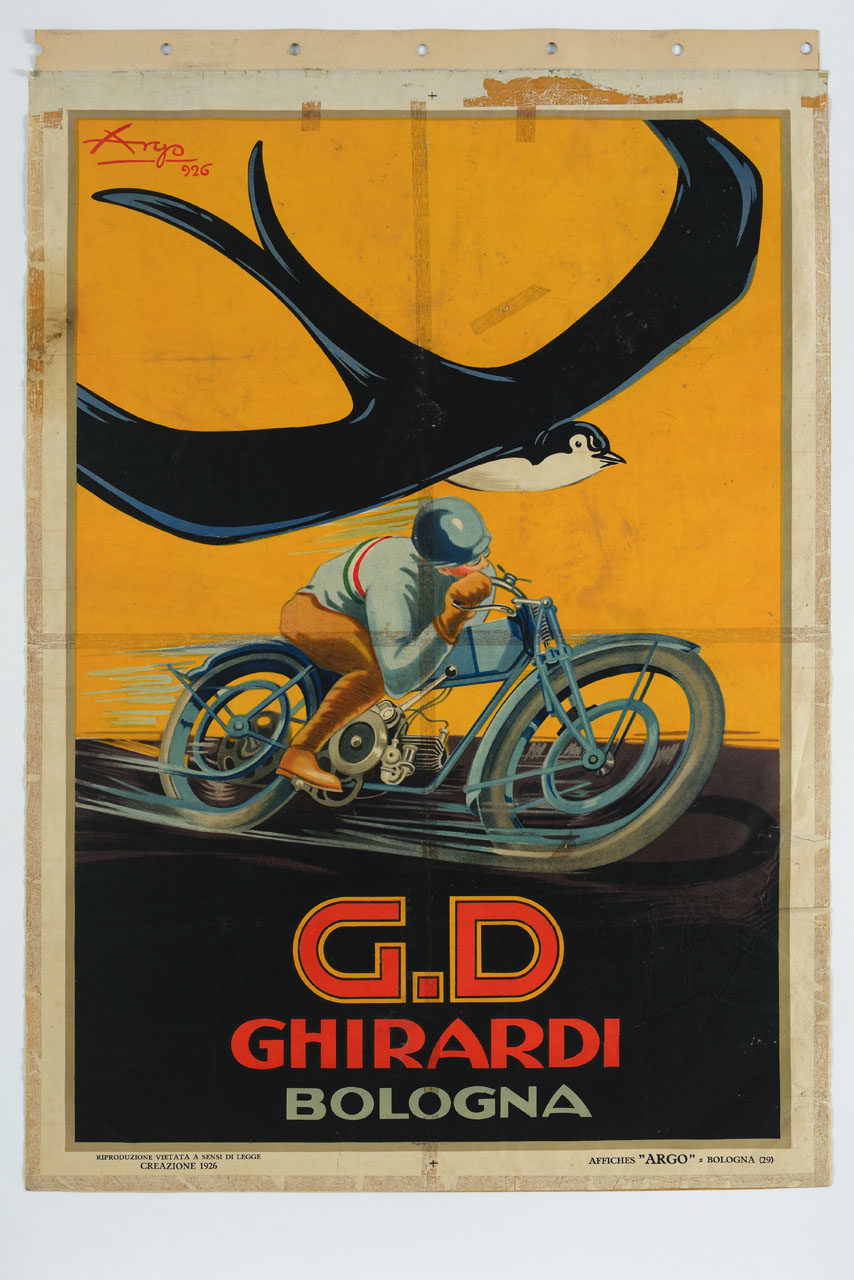 rondine e motociclista in corsa (manifesto) di Argo - Creazione Marche di Pubblicità (sec. XX)