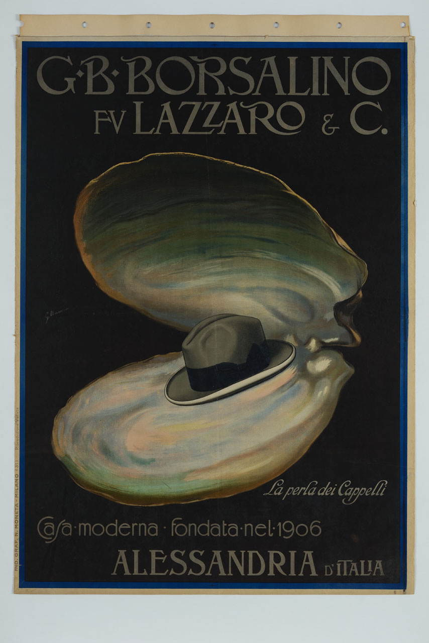 cappello entro conchiglia d'ostrica (manifesto) di Minonzio Giuseppe (sec. XX)