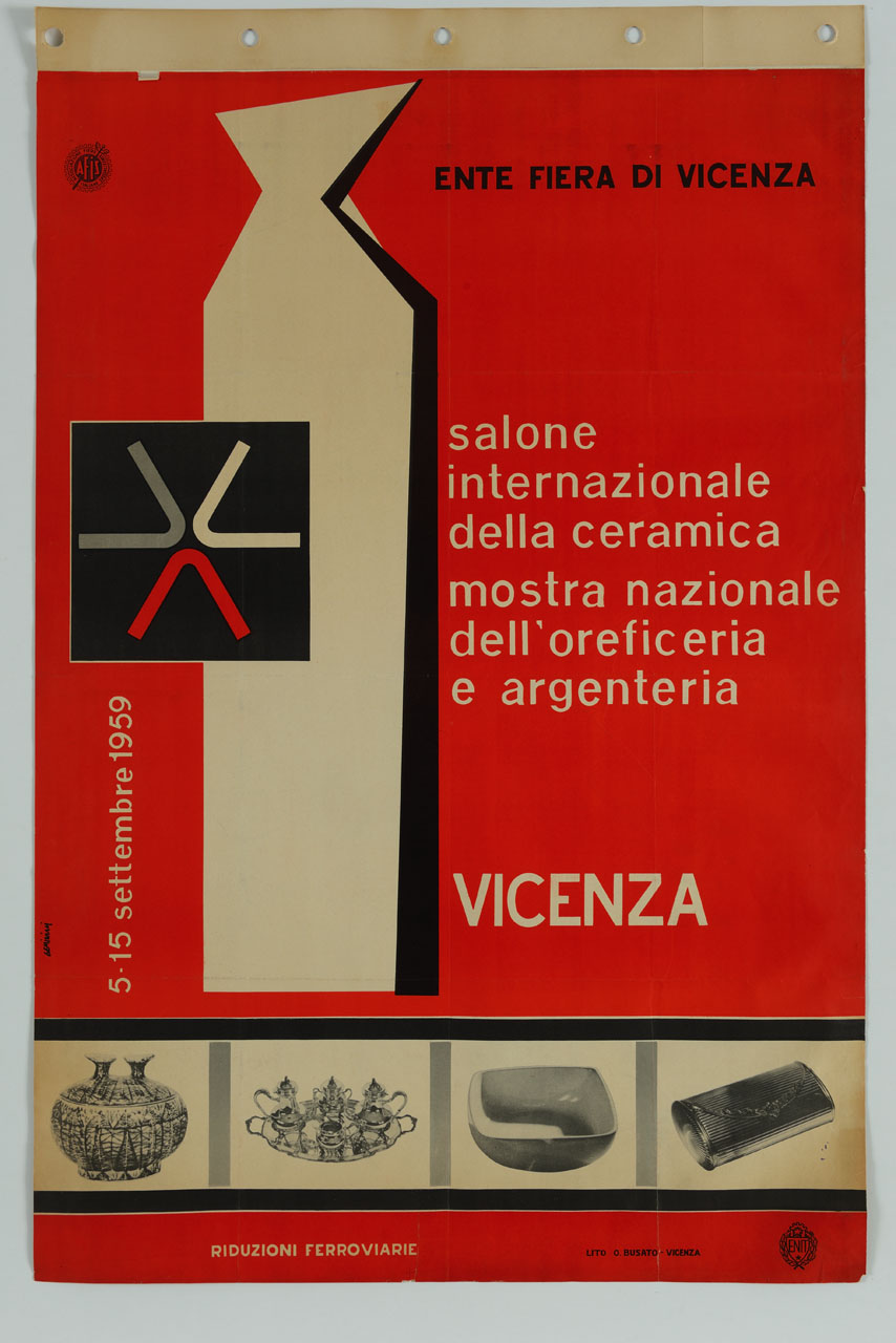 vaso stilizzato e logo della fiera con fotografie di ceramiche e argenti (manifesto) di Geminiani Carlo (sec. XX)