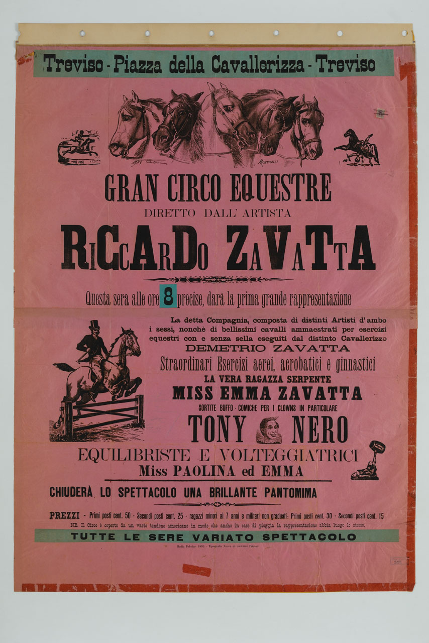 teste di cavallo acrobati equestri e artisti circensi (manifesto, stampa composita) di Cenni Quinto, Monticelli (sec. XIX)