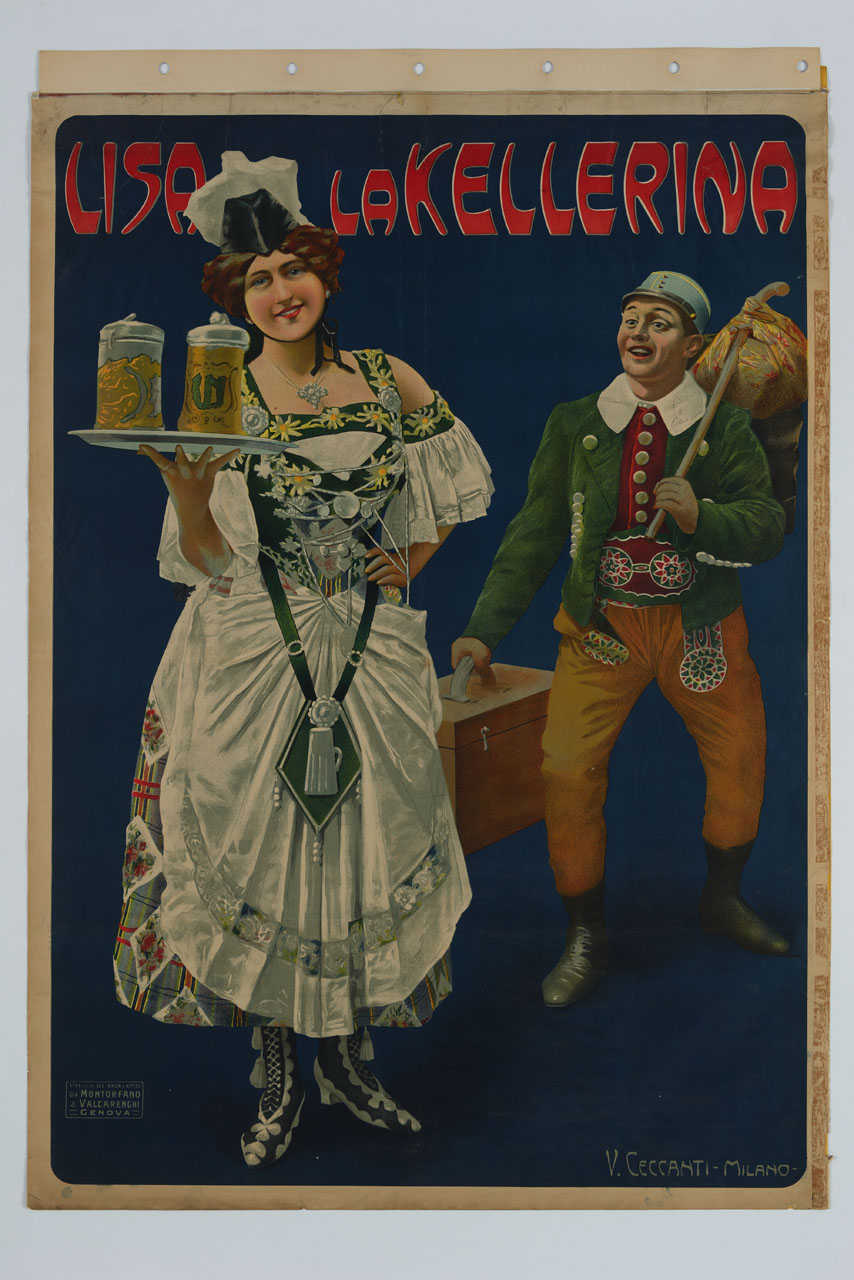 cameriera sorridente con boccali di birra e militare estasiato al rientro dal servizio militare (manifesto) di Ceccanti Vincenzo (sec. XX)