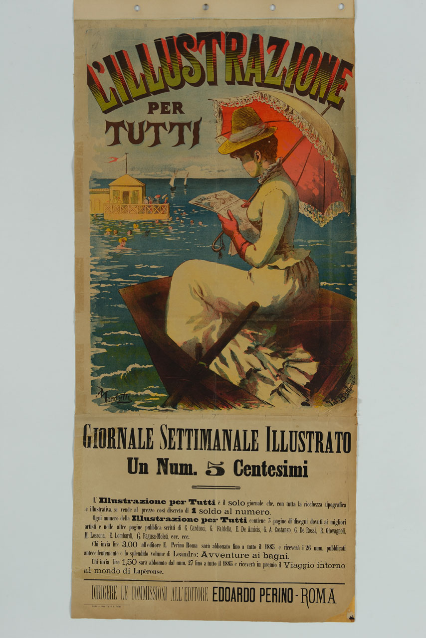 donna legge un giornale seduta su una barca (manifesto, stampa composita) di Marchetti, Barberi C - ambito italiano (sec. XIX)