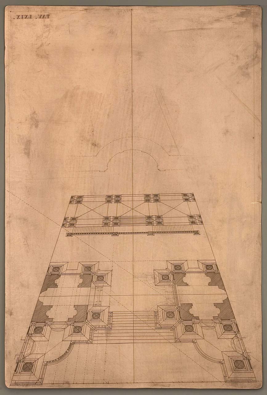proiezione prospettica della pianta del teatro sacro delle Nozze di Cana (matrice incisa) di Pozzo Andrea (sec. XVII)