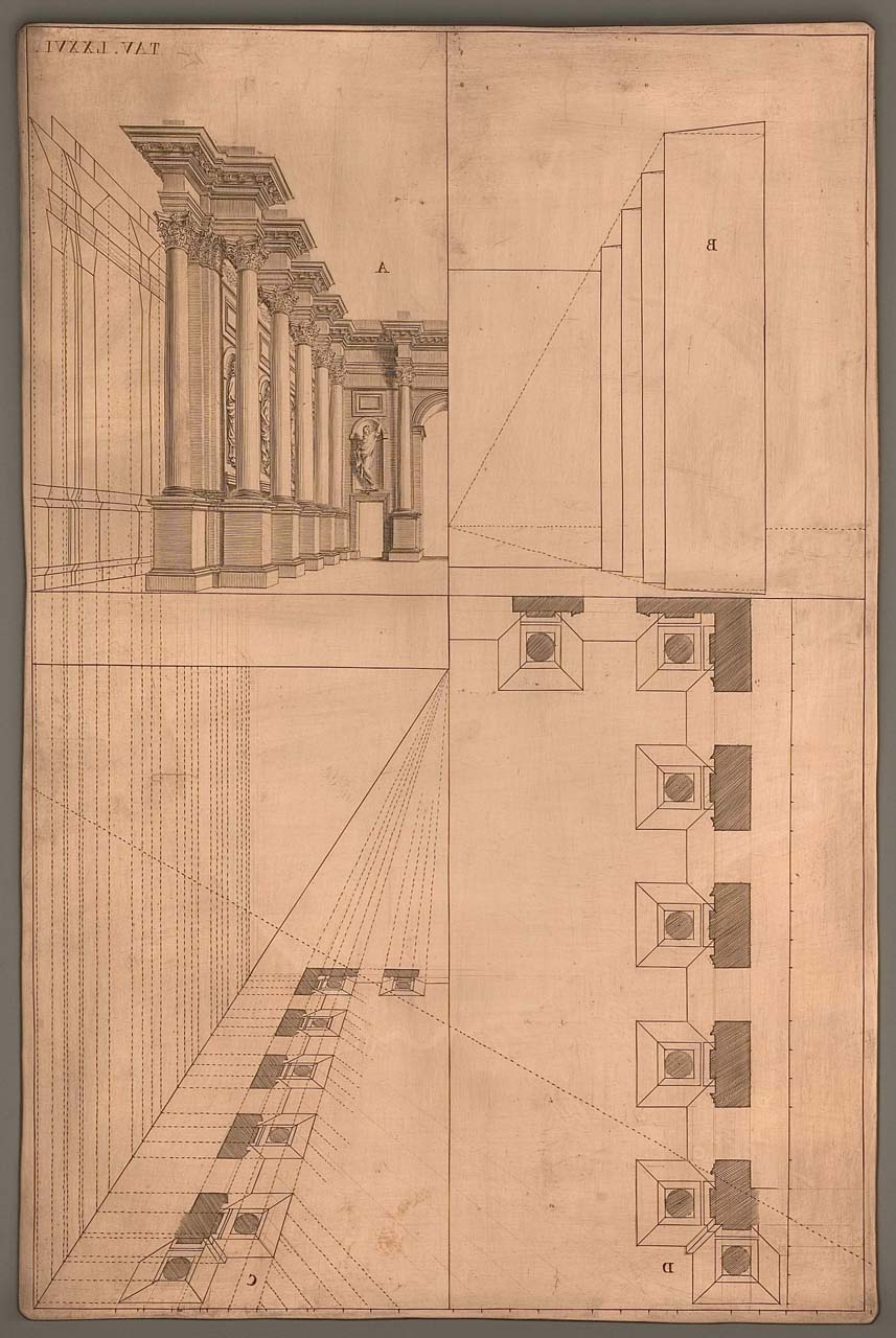pianta, alzato e proiezioni prospettiche delle scene di un teatro (matrice incisa) di Pozzo Andrea (sec. XVII)