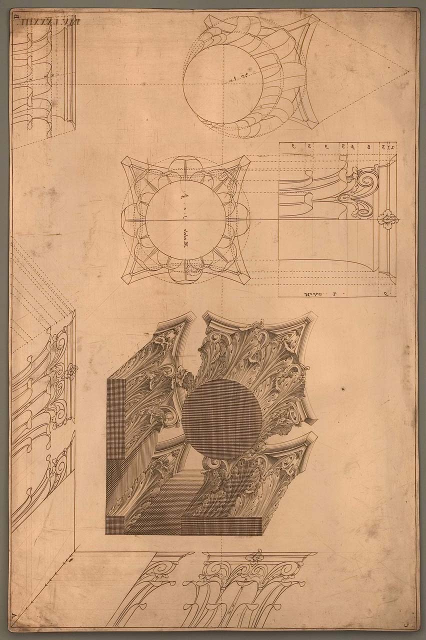 capitelli corinzi in prospettiva dal basso e proiezioni prospettiche (matrice incisa) di Pozzo Andrea (sec. XVII)