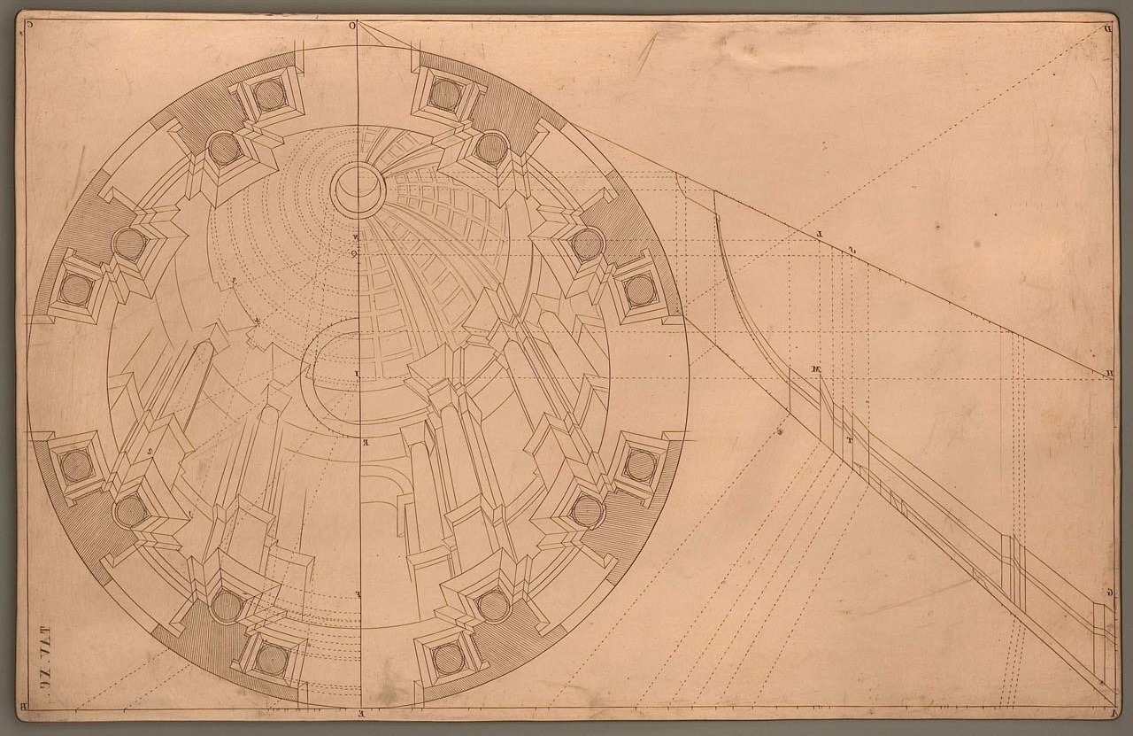 proiezione prospettica dal basso di una cupola (matrice incisa) di Pozzo Andrea (sec. XVII)