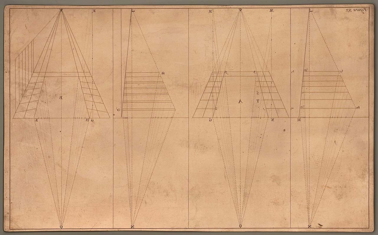 proiezioni prospettiche di scenografie (matrice incisa) di Pozzo Andrea (sec. XVII)