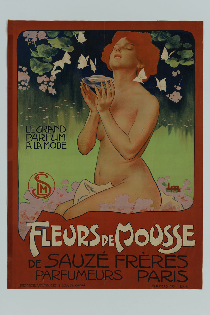 donna nuda seduta tra fiori e farfalle con un'ampolla tra le mani (manifesto) di Metlicovitz Leopoldo (sec. XIX)