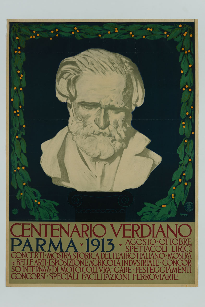 busto di Giuseppe Verdi incorniciato da ghirlanda (manifesto) di Metlicovitz Leopoldo (sec. XX)