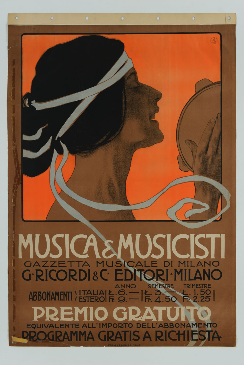 profilo di donna che suona il tamburello (manifesto) di Metlicovitz Leopoldo (sec. XX)