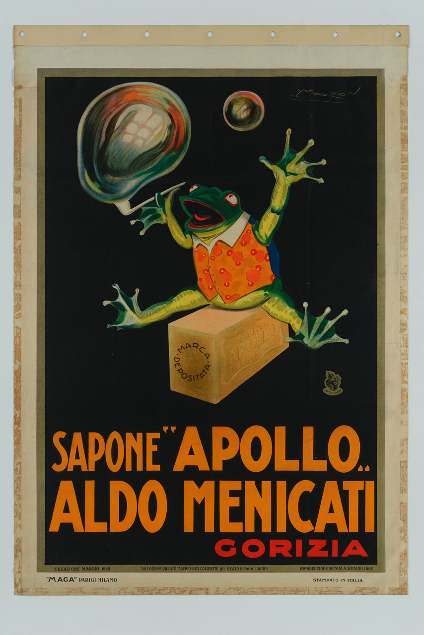 rana con panciotto fa le bolle seduta su un blocchetto di sapone (manifesto) di Mauzan Achille Luciano, MAGA (sec. XX)