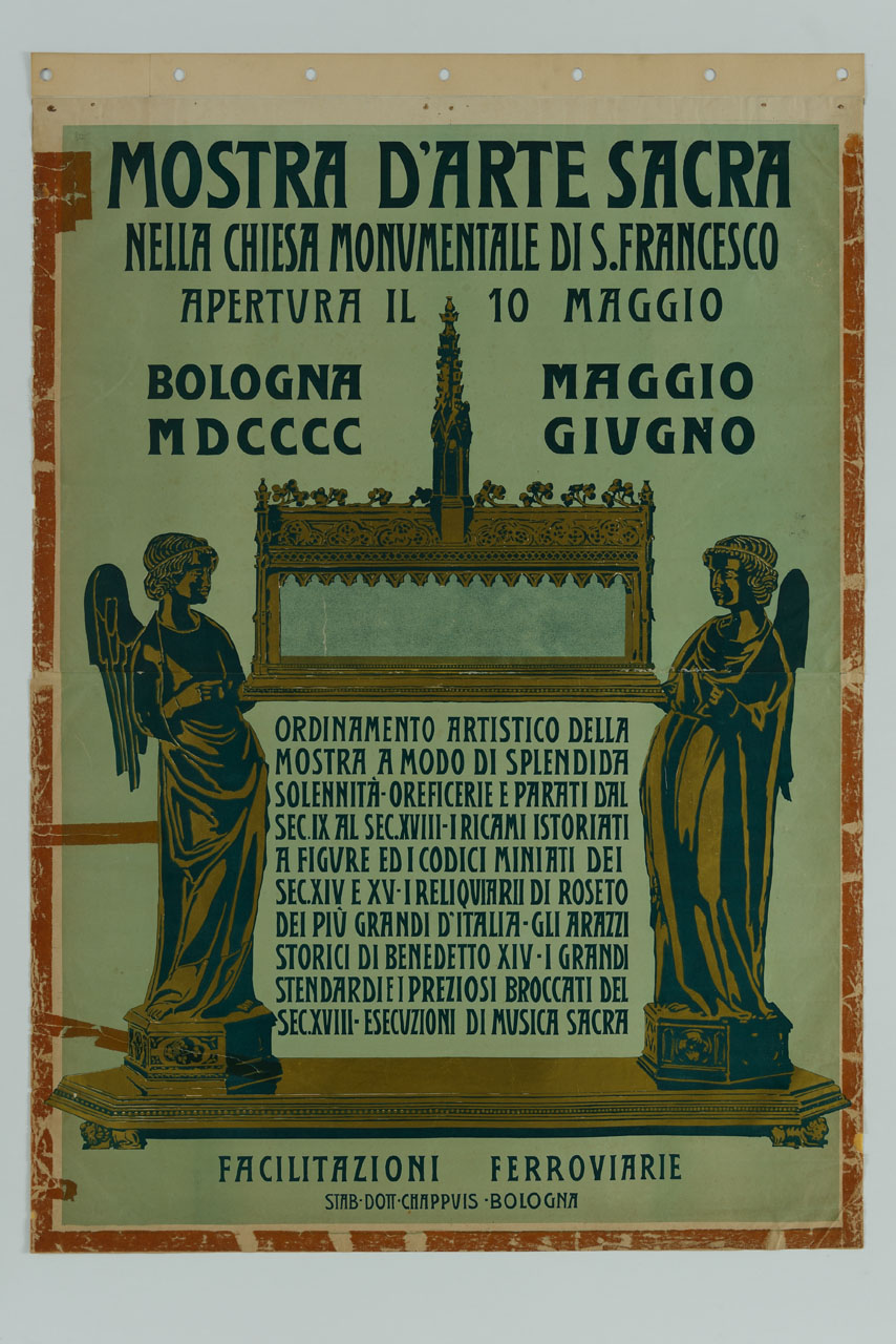 due sculture d'arte sacra sostengono un reliquiario ad urna (manifesto) - ambito bolognese (sec. XX)