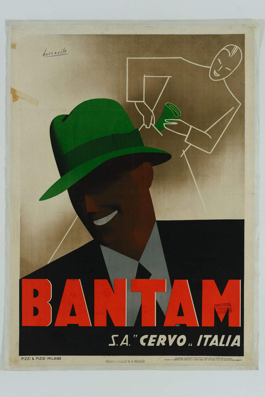 uomo a mezzo busto con cappello verde e sagoma di uomo che si infila il cappello in tasca (manifesto) di Boccasile Gino, Studio Boggeri (sec. XX)