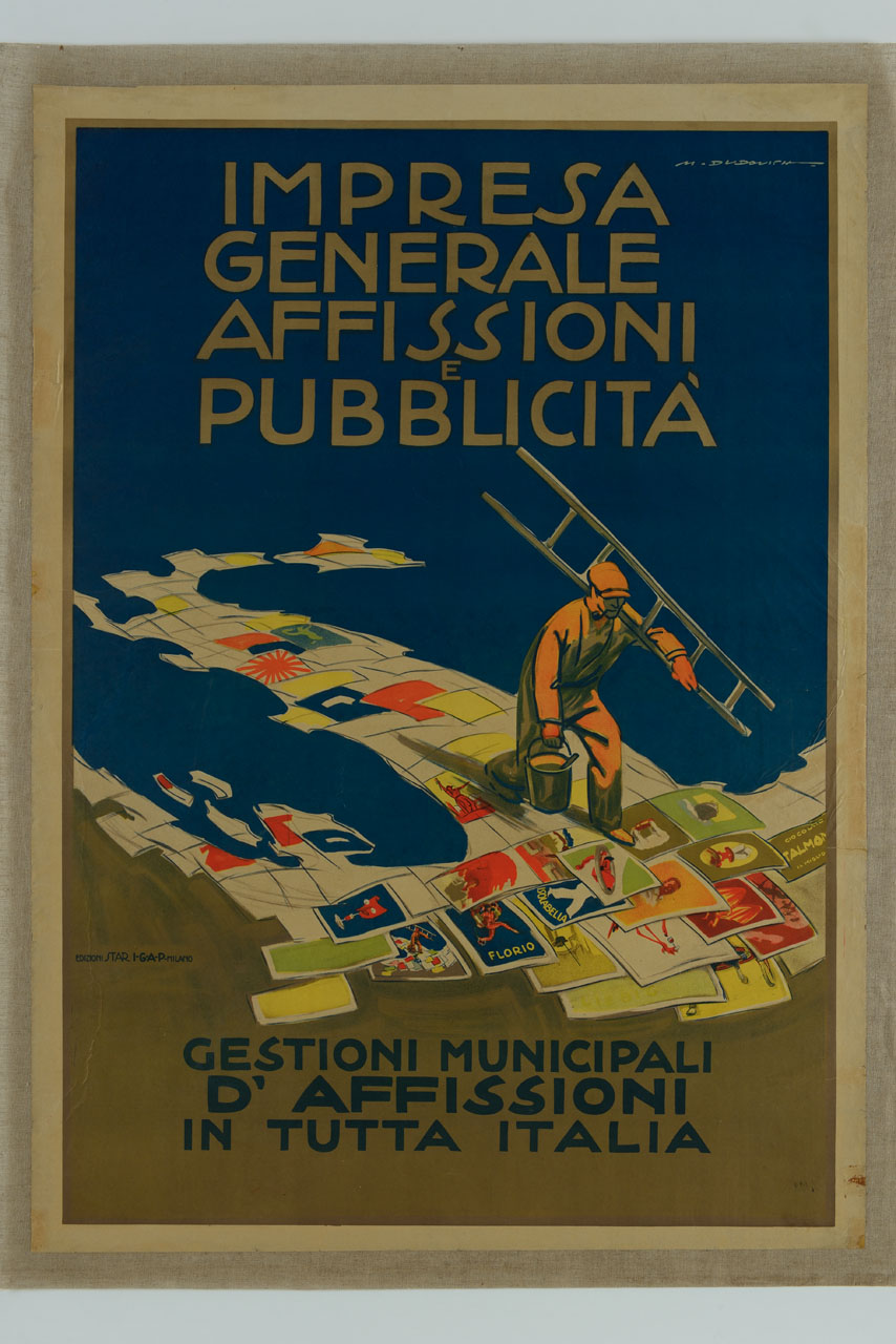 uomo con secchio e scala percorre la penisola italiana cosparsa di manifesti (manifesto) di Dudovich Marcello (sec. XX)