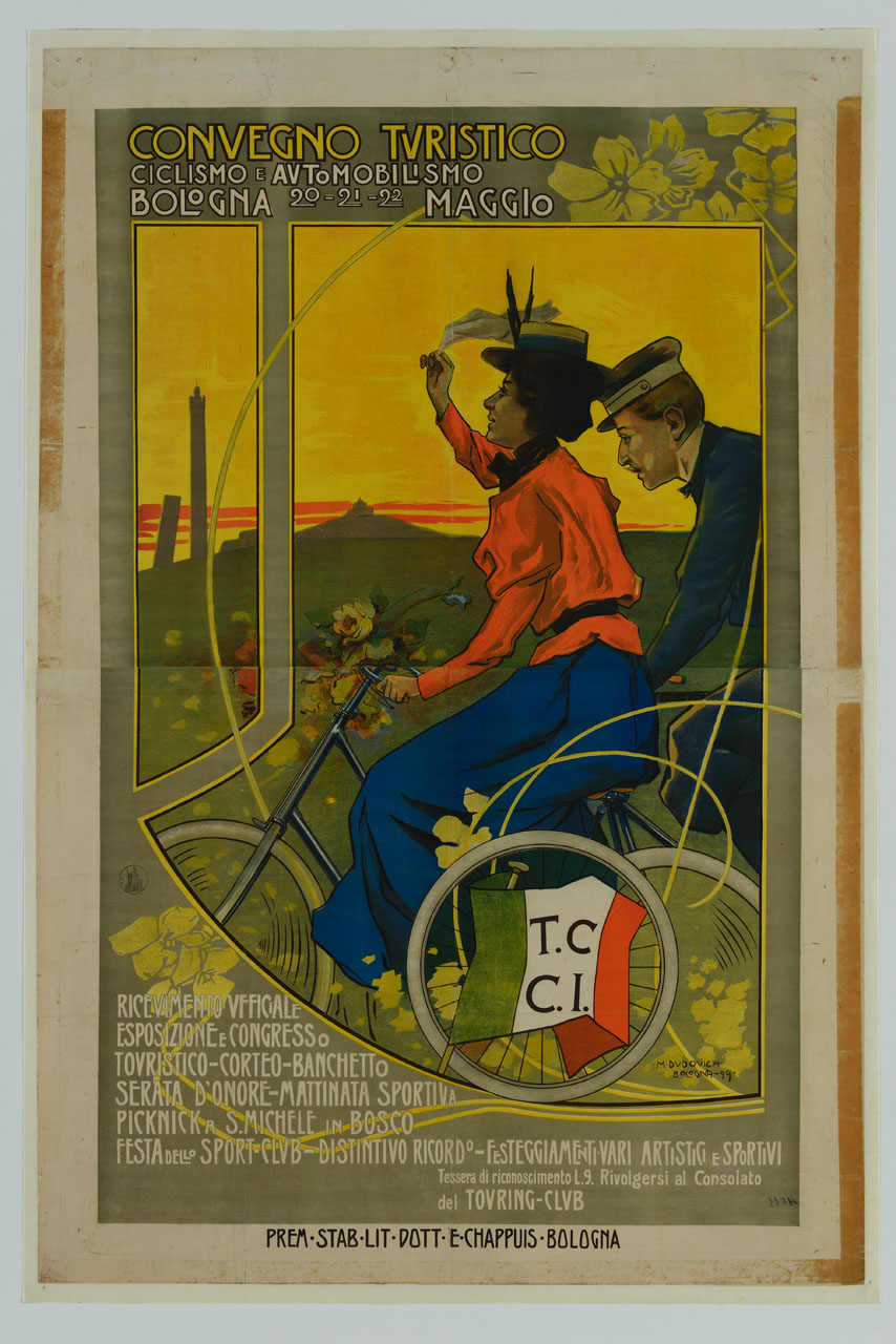 donna e uomo in bicicletta tra i colli bolognesi (manifesto) di Dudovich Marcello (sec. XX)