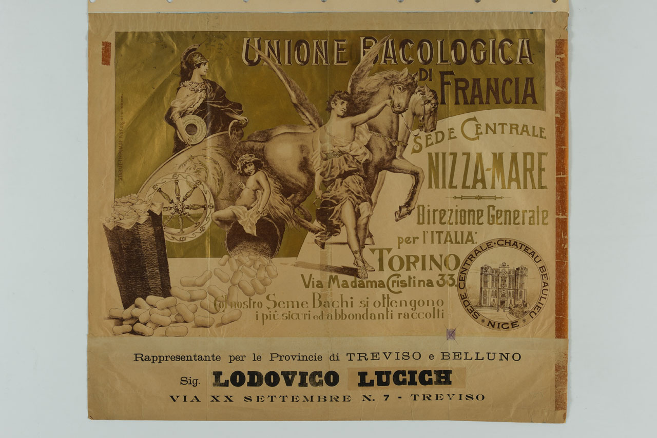 figura allegorica su una biga trainata da cavalli alati (manifesto) - ambito italiano (fine/ inizio secc. XIX/ XX)