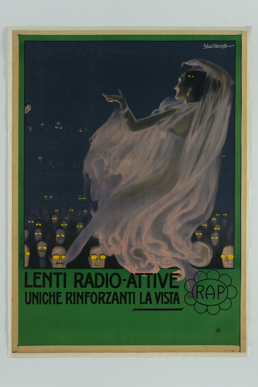 donna coperta di veli danza in un teatro al cospetto di spettatori (manifesto) di Caldanzano Luigi Emilio (sec. XX)
