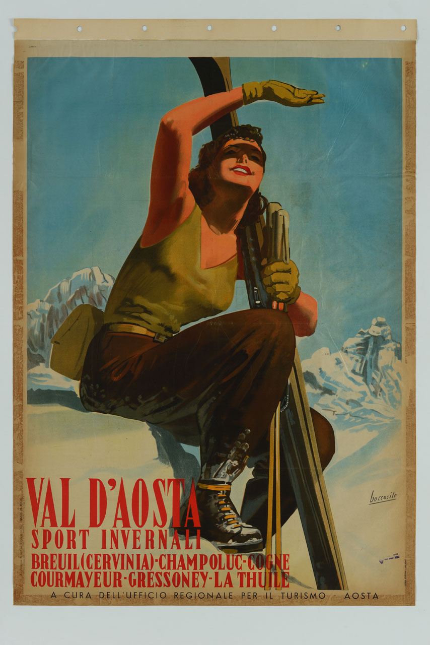 donna seduta sulla neve tiene con una mano sci e racchette mentre con l'altra si protegge gli occhi dal sole (manifesto) di Boccasile Gino (sec. XX)