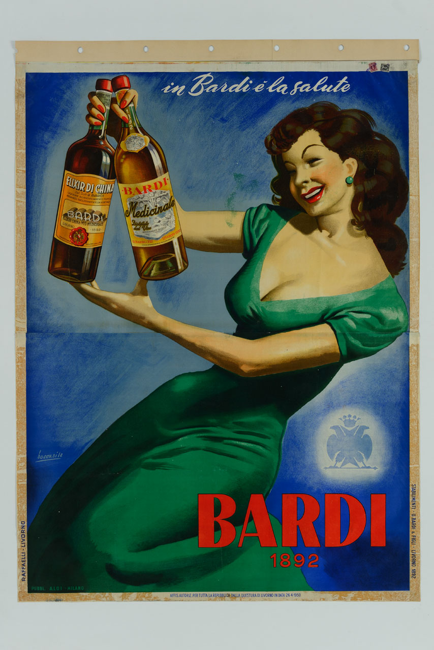 donna inginocchiata mostra due bottiglie di liquore (manifesto) di Boccasile Gino, Studio Aloi (sec. XX)