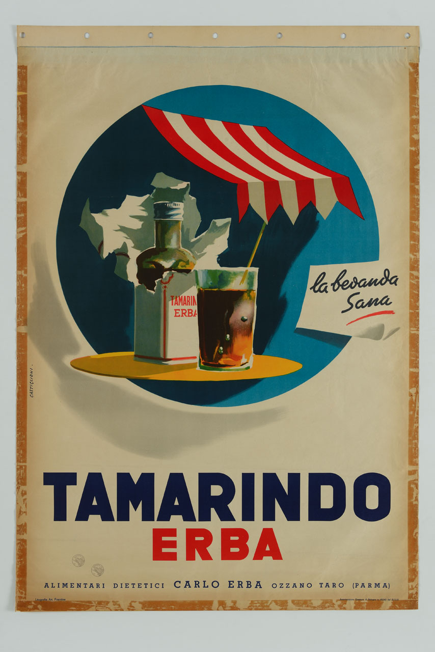 bottiglia di tamarindo e bicchiere sotto tenda da sole (manifesto) di Castiglioni Romolo (sec. XX)