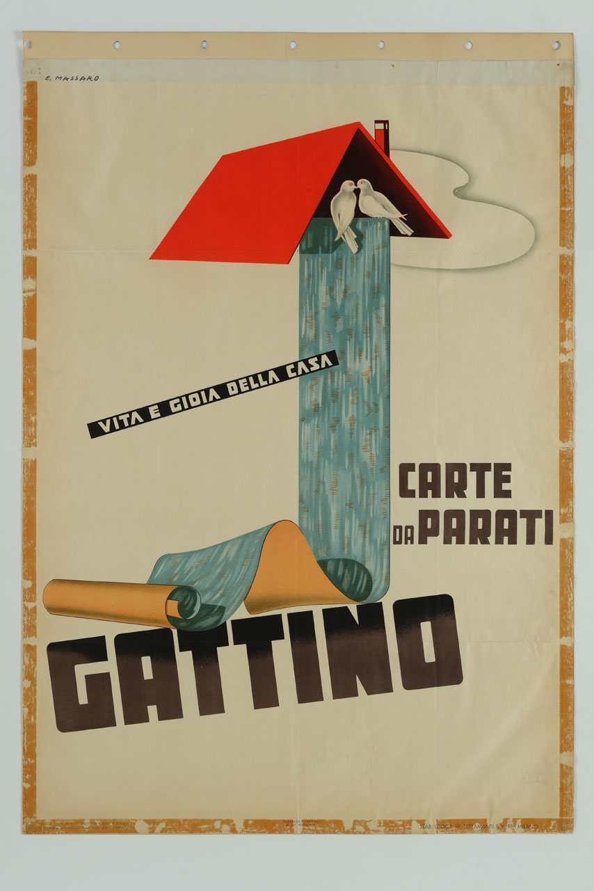 coppia di colombi sotto un tetto da cui si snoda un rotolo di carta da parati (manifesto) di Massaro Emilio (sec. XX)