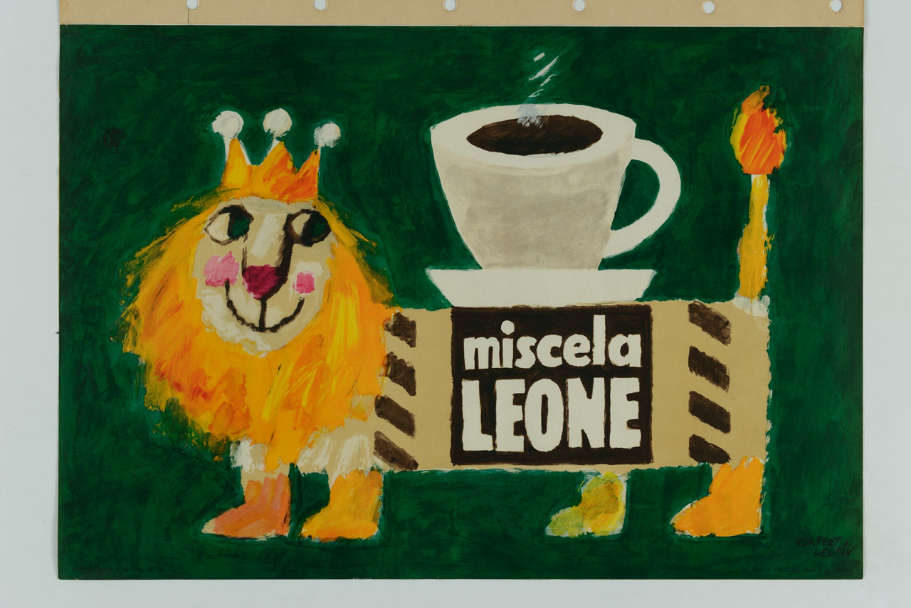 leone coronato con tazza di caffè fumante sul dorso (manifesto) di Leupin Herbert (sec. XX)