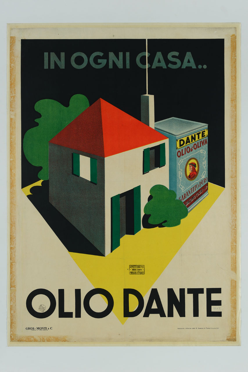 latta gigantesca di olio d'oliva accanto a una casa (manifesto) - ambito italiano (sec. XX)