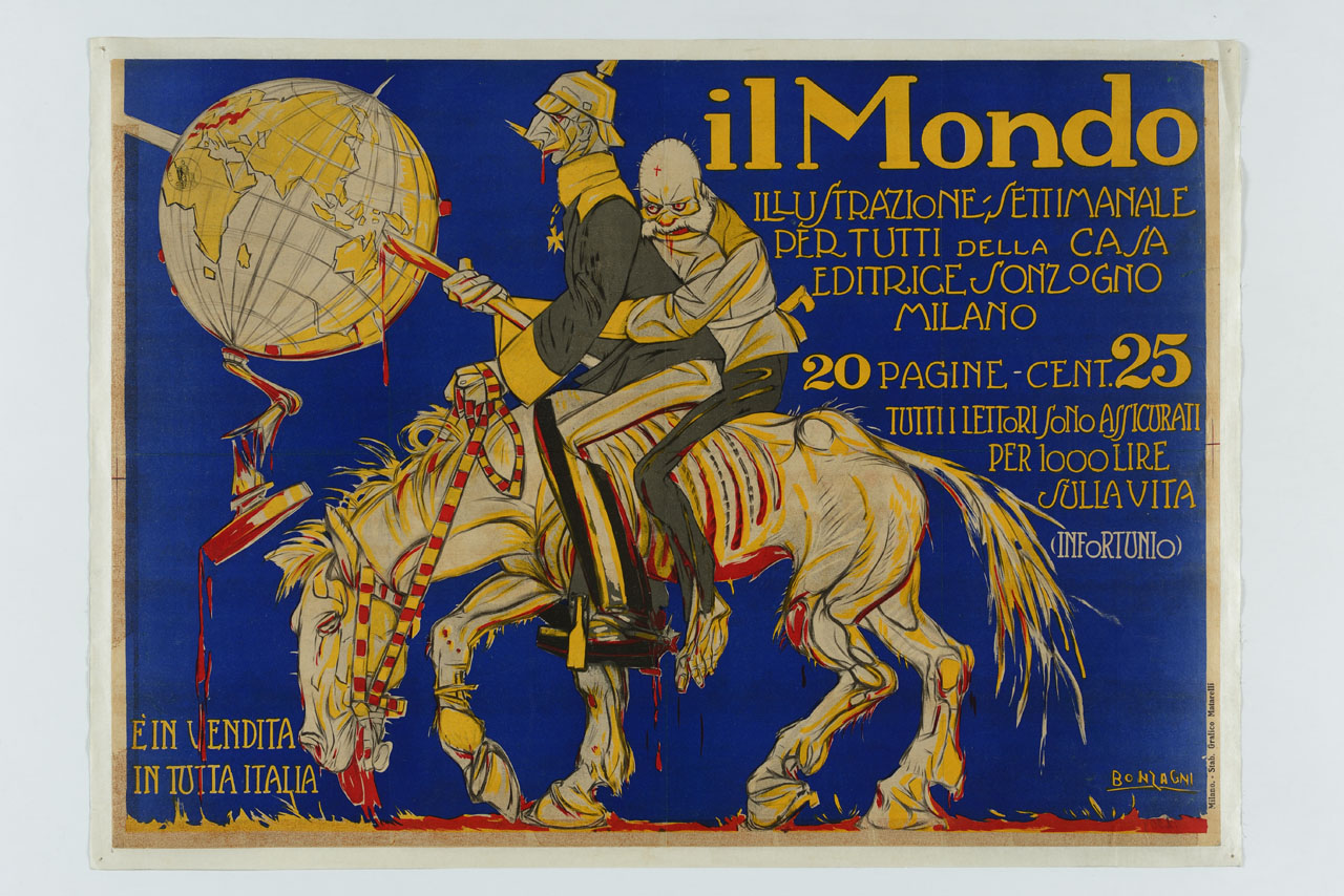 coppia di soldati a cavallo infilza il globo terrestre e lo fa sanguinare (manifesto) di Bonzagni Aroldo (sec. XX)