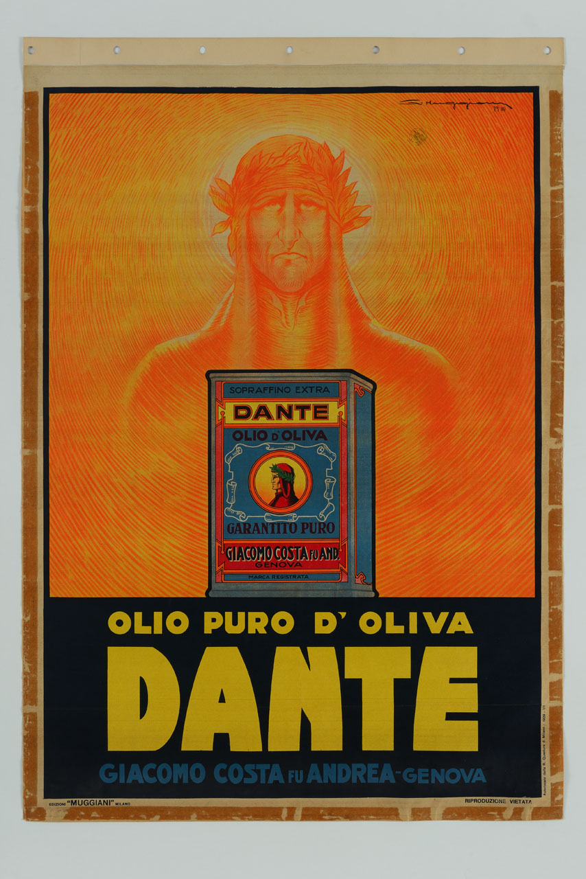 ritratto a mezzo busto di Dante Alighieri dietro a una lattina di olio d'oliva (manifesto) di Muggiani Giorgio (sec. XX)