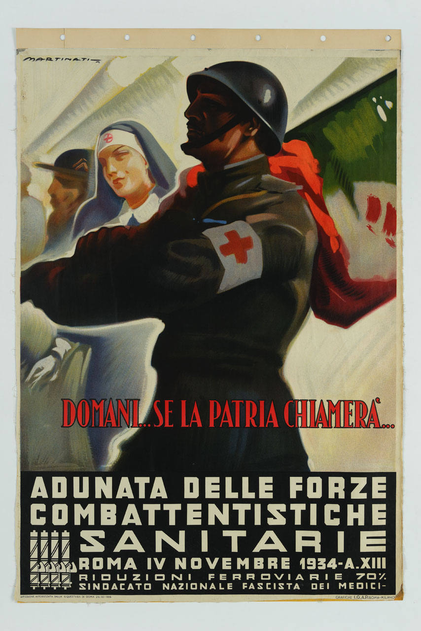 crocerossina e soldato con bandiera italiana (manifesto) di Martinati Luigi (sec. XX)