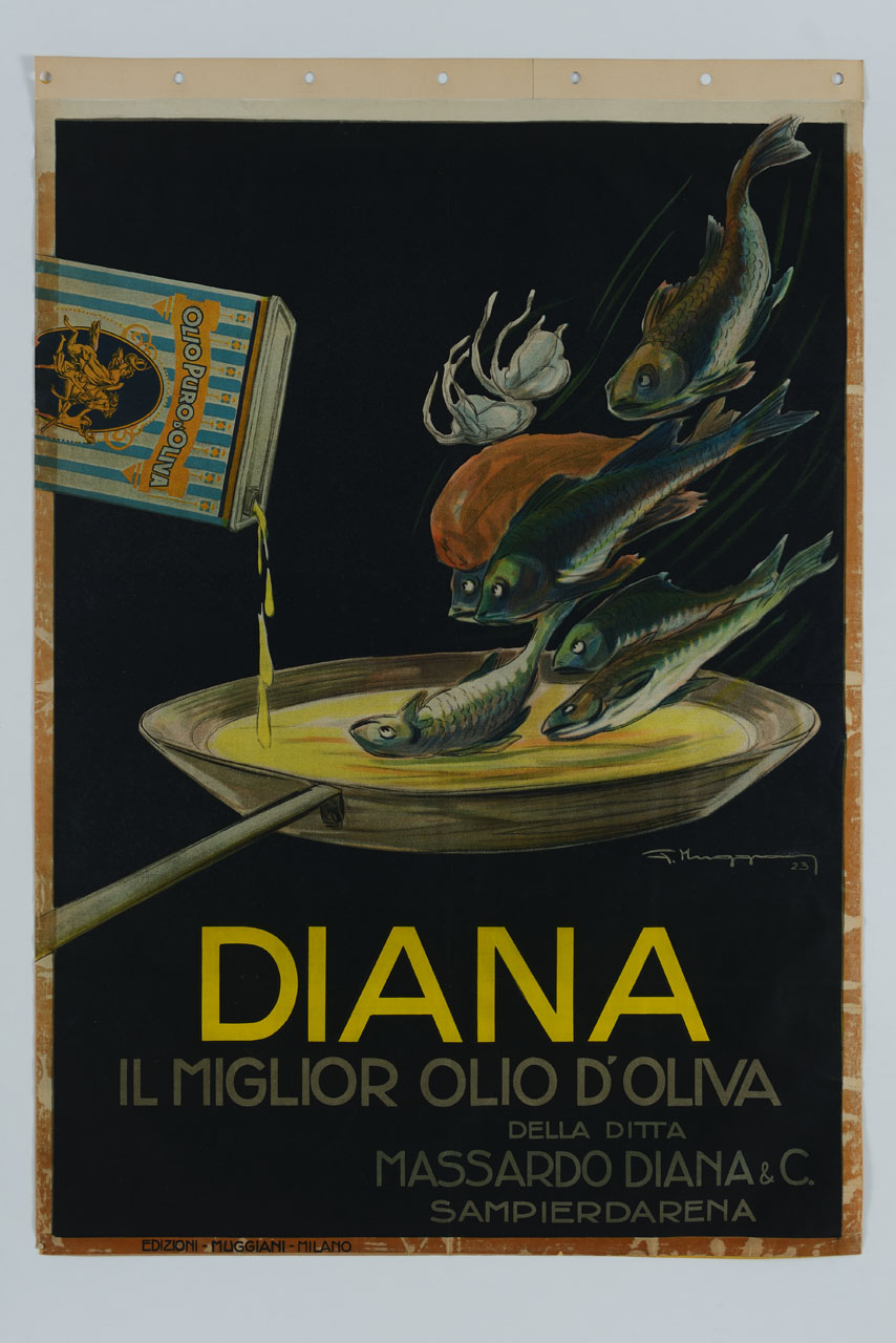 pesci e molluschi si gettano in una padella colma d'olio d'oliva (manifesto) di Muggiani Giorgio (sec. XX)