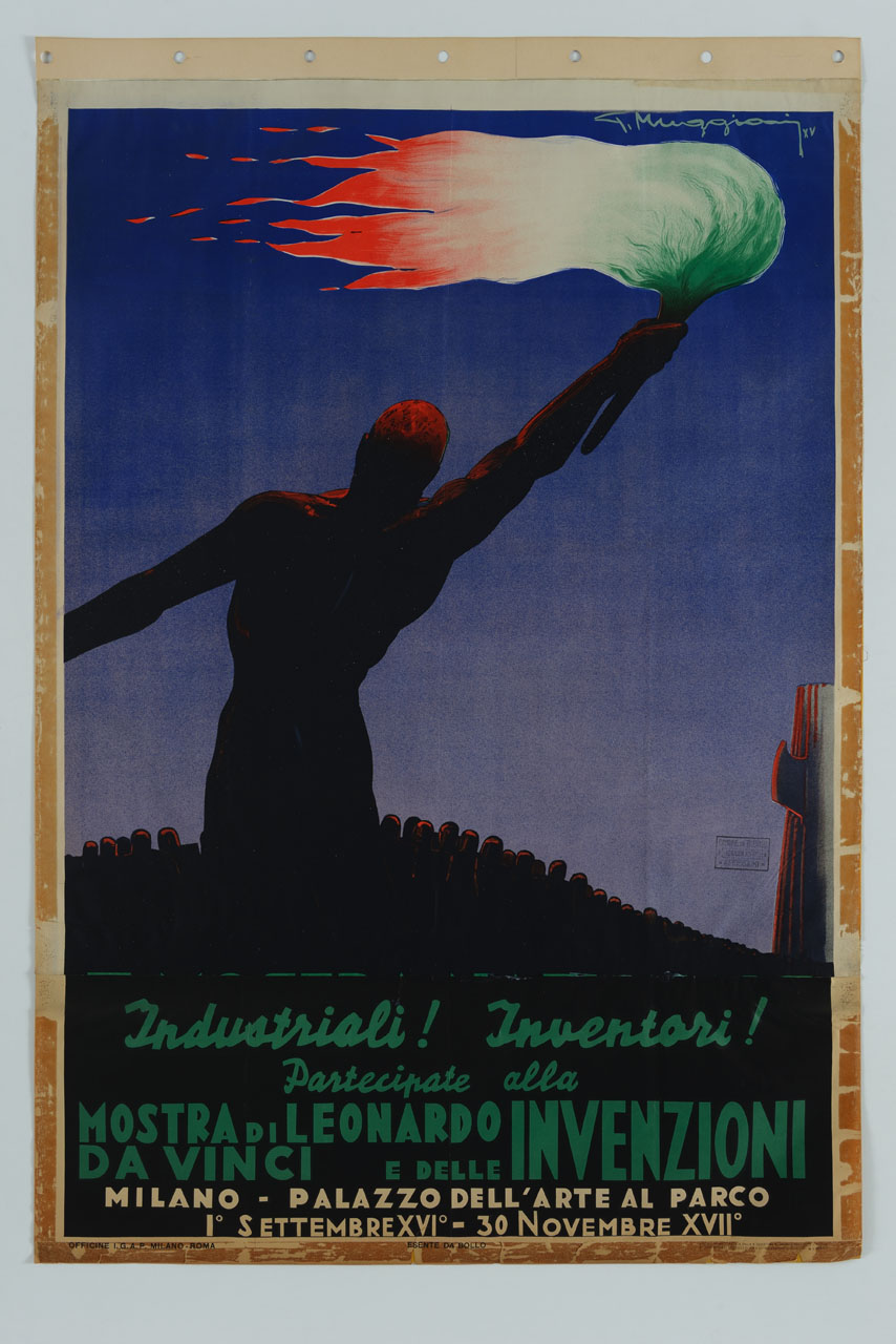 figura maschile con torcia avente i colori della bandiera italiana accanto a fascio littorio (manifesto) di Muggiani Giorgio (sec. XX)