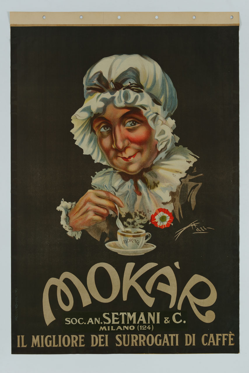 anziana donna a mezzo busto con cuffia in testa e coccarda sul petto infila un cucchiaino in una tazzina di surrogato di caffè (manifesto) di Mazza Aldo (sec. XX)