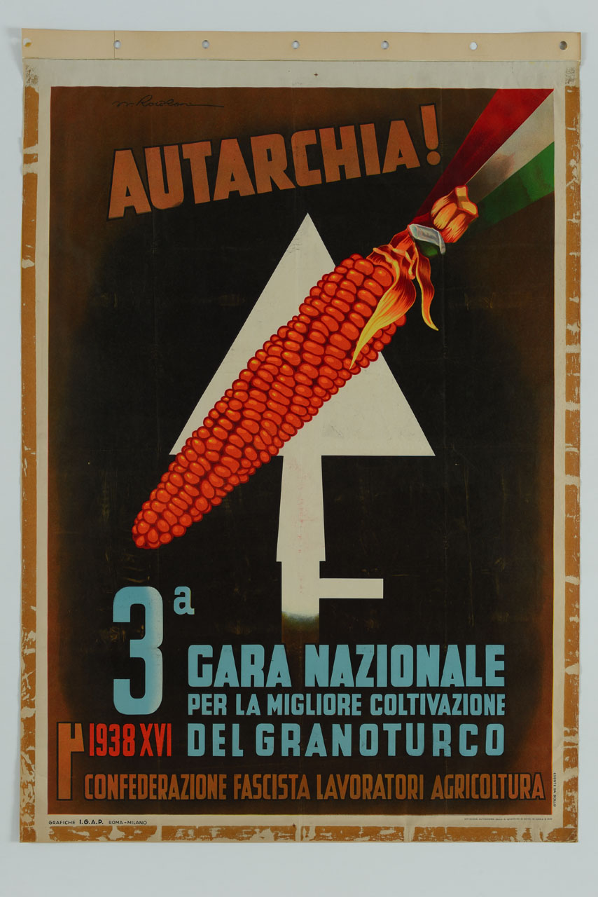 pannocchia con bandiera italiana sovrapposta a una vanga (manifesto) di Roveroni Walter (sec. XX)