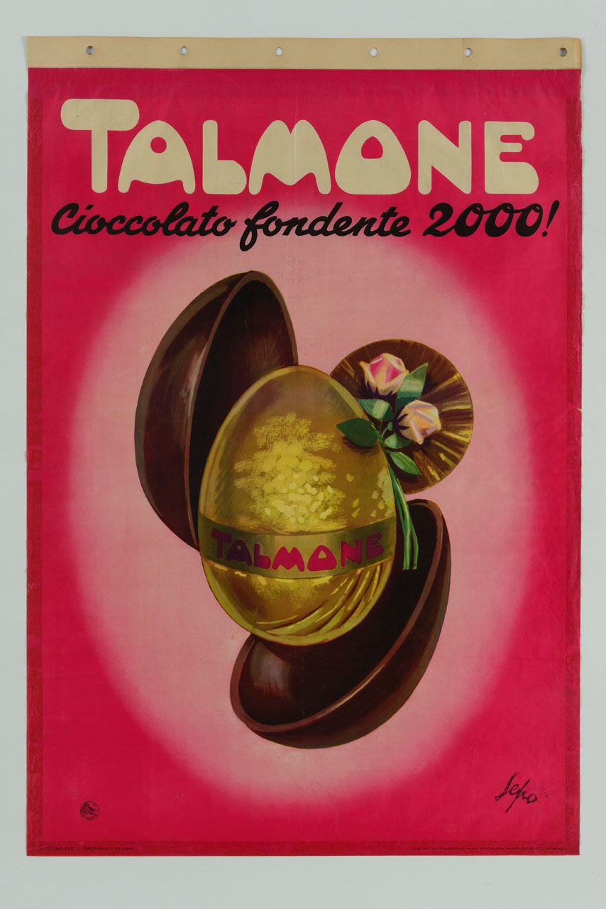uovo di cioccolato dorato decorato con rose fuoriesce da altro uovo (manifesto) di Pozzati Severo detto Sepo (sec. XX)